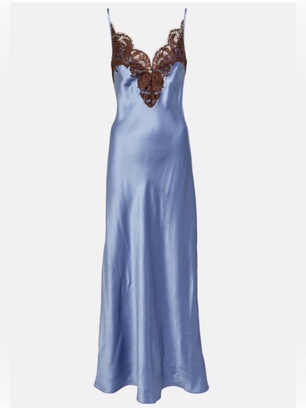 SIR the Label Lace Danseurs Trimmed Silk Maxi Slip Dress Blue/Brown Sz AU 2-US S